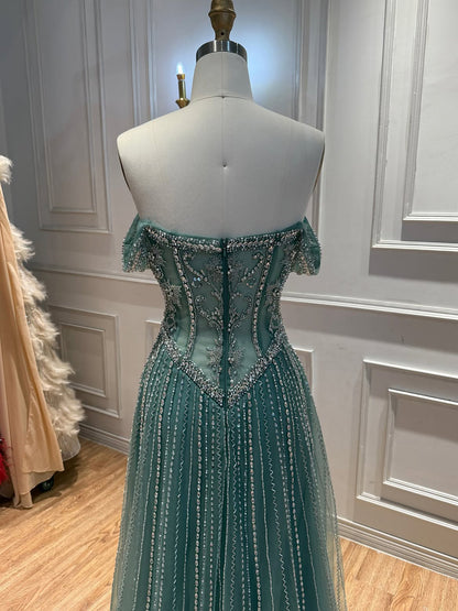 Turquoise Crystal Beaded Off-the-Shoulder Flowy Evening Dress LA73951
