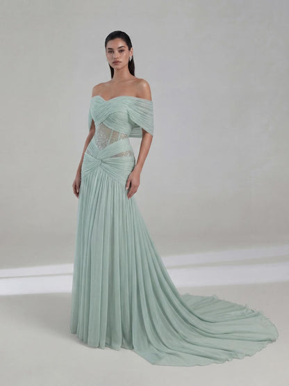 Luxury Sage Green Beaded Off Shoulder Chiffon A Line Dress LA73958