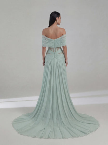 Luxury Sage Green Beaded Off Shoulder Chiffon A Line Dress LA73958