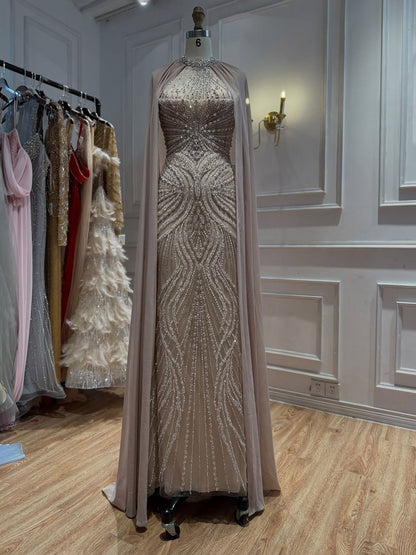 Luxury Nude Beaded Mermaid Evening Dress with Cape Sleeves LA73945