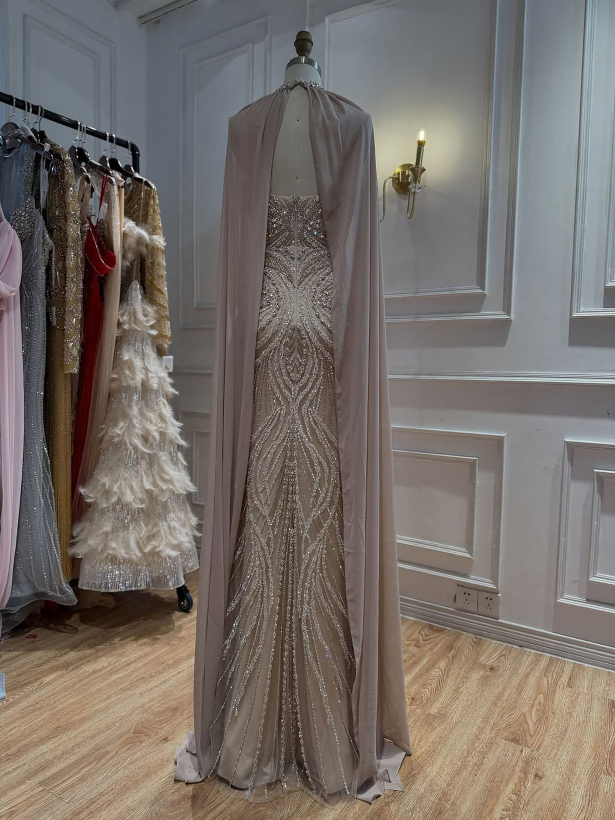 Luxury Nude Beaded Mermaid Evening Dress with Cape Sleeves LA73945