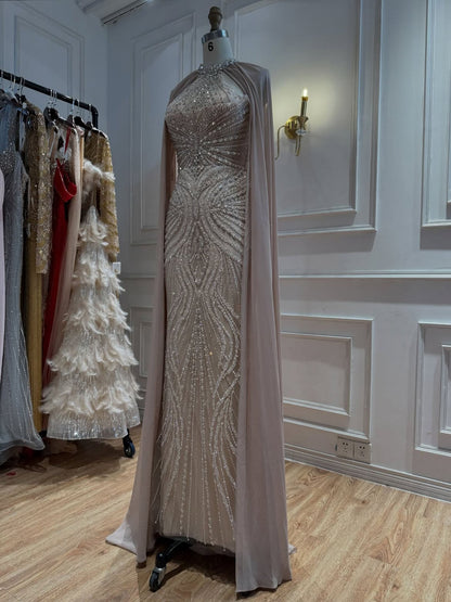Luxury Nude Beaded Mermaid Evening Dress with Cape Sleeves LA73945