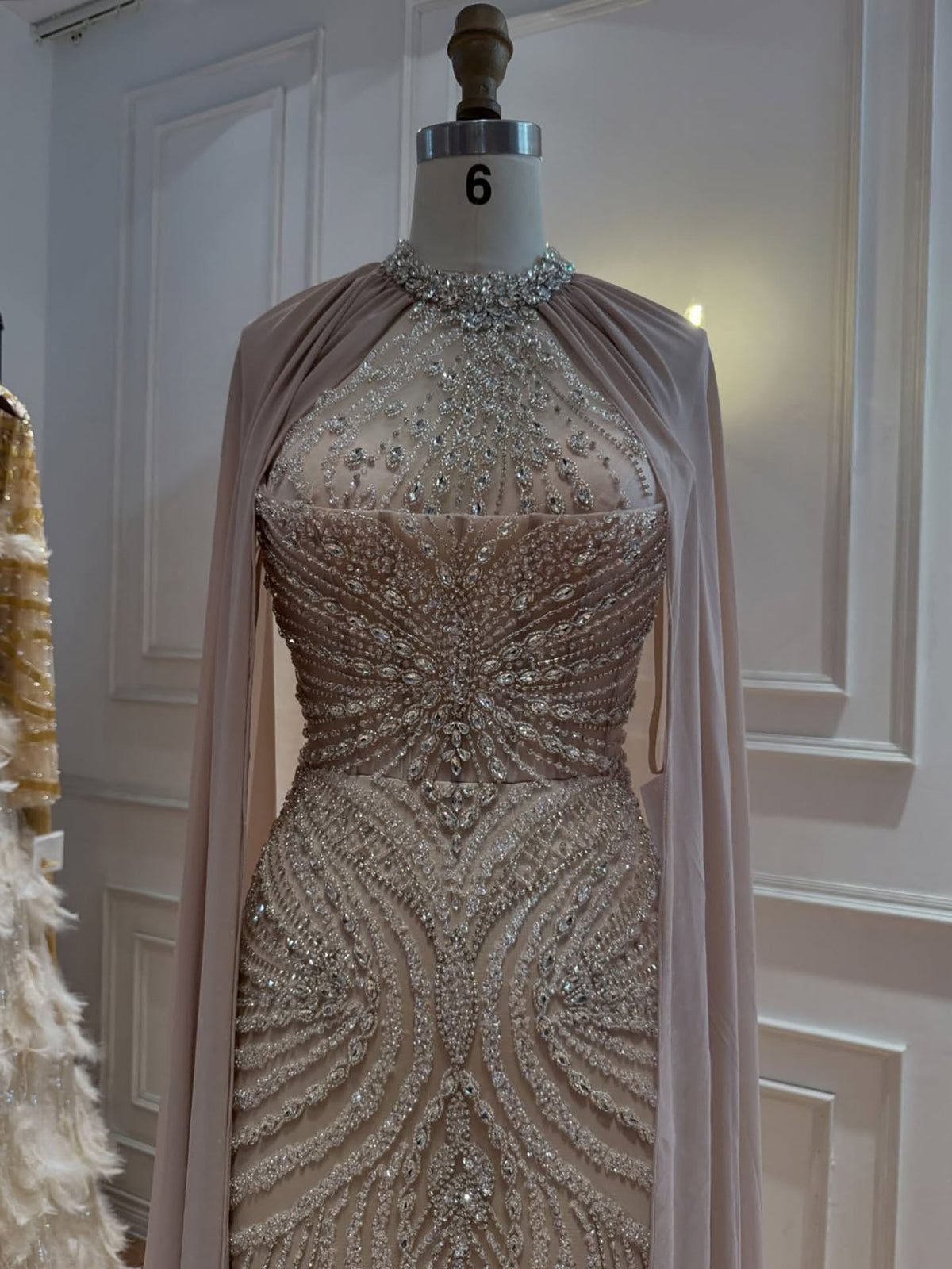Luxury Nude Beaded Mermaid Evening Dress with Cape Sleeves LA73945