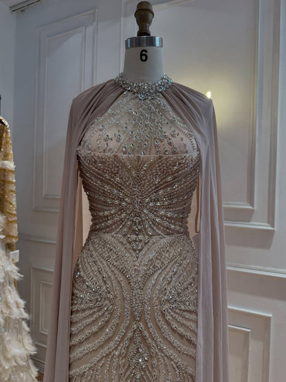 Luxury Nude Beaded Mermaid Evening Dress with Cape Sleeves LA73945