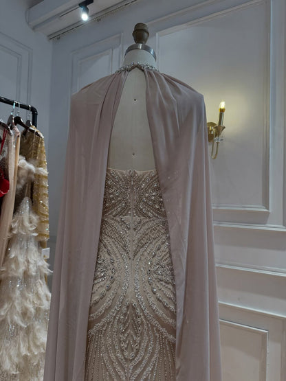 Luxury Nude Beaded Mermaid Evening Dress with Cape Sleeves LA73945