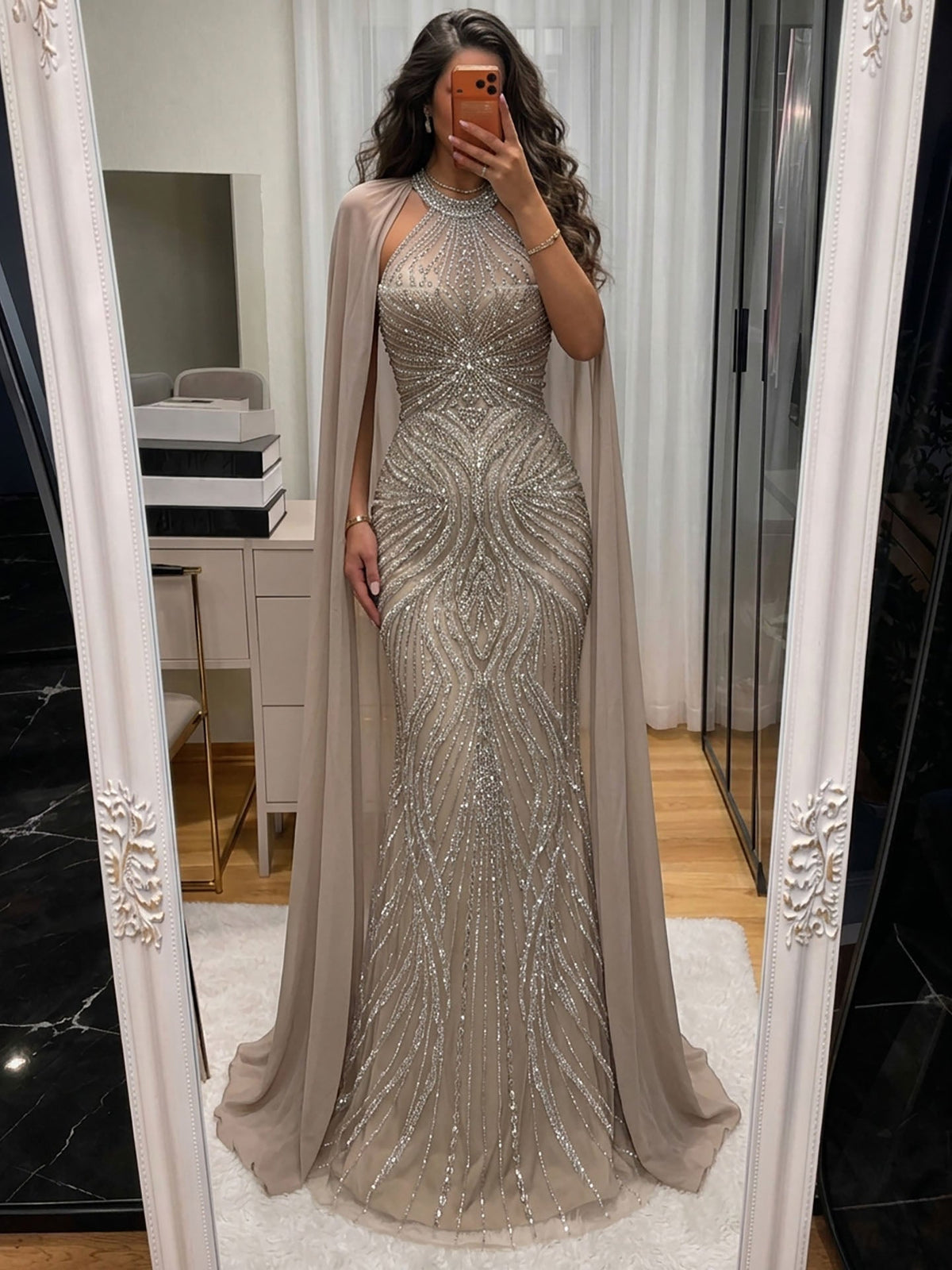 Luxury Nude Beaded Mermaid Evening Dress with Cape Sleeves LA73945