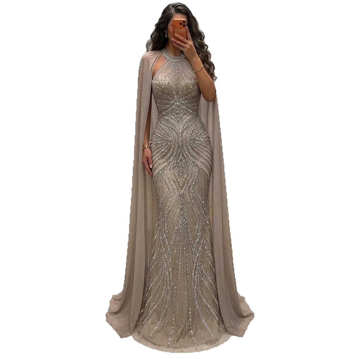 Luxury Nude Beaded Mermaid Evening Dress with Cape Sleeves LA73945