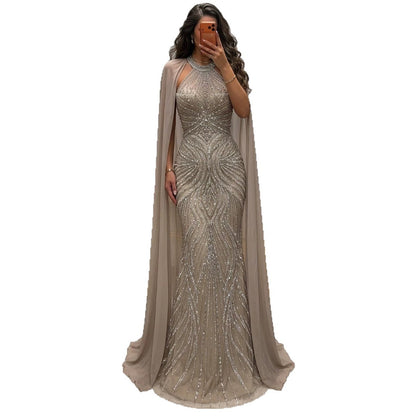Luxury Nude Beaded Mermaid Evening Dress with Cape Sleeves LA73945