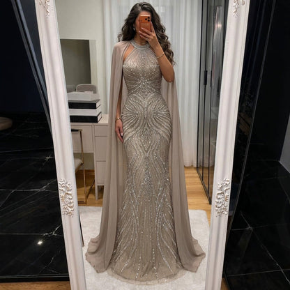 Luxury Nude Beaded Mermaid Evening Dress with Cape Sleeves LA73945