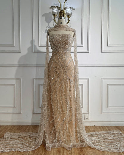 Nude Beaded Mermaid Sleeveless Evening Dress with Detachable Cape LA72824
