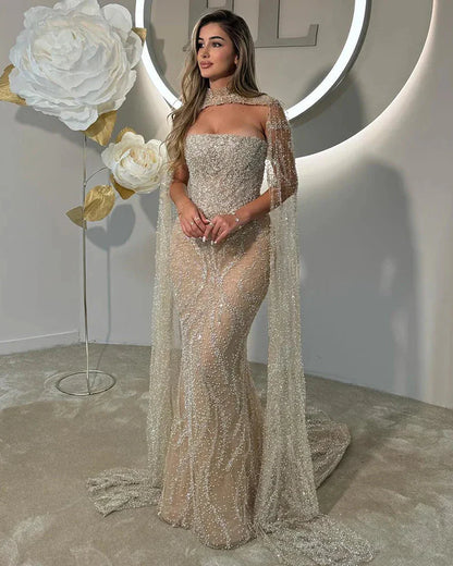 Nude Beaded Mermaid Sleeveless Evening Dress with Detachable Cape LA72824