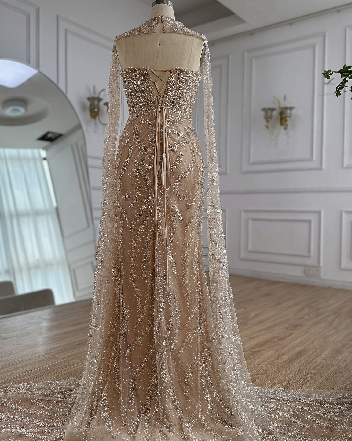Nude Beaded Mermaid Sleeveless Evening Dress with Detachable Cape LA72824