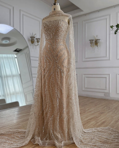 Nude Beaded Mermaid Sleeveless Evening Dress with Detachable Cape LA72824