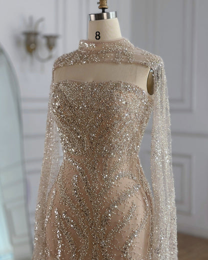 Nude Beaded Mermaid Sleeveless Evening Dress with Detachable Cape LA72824