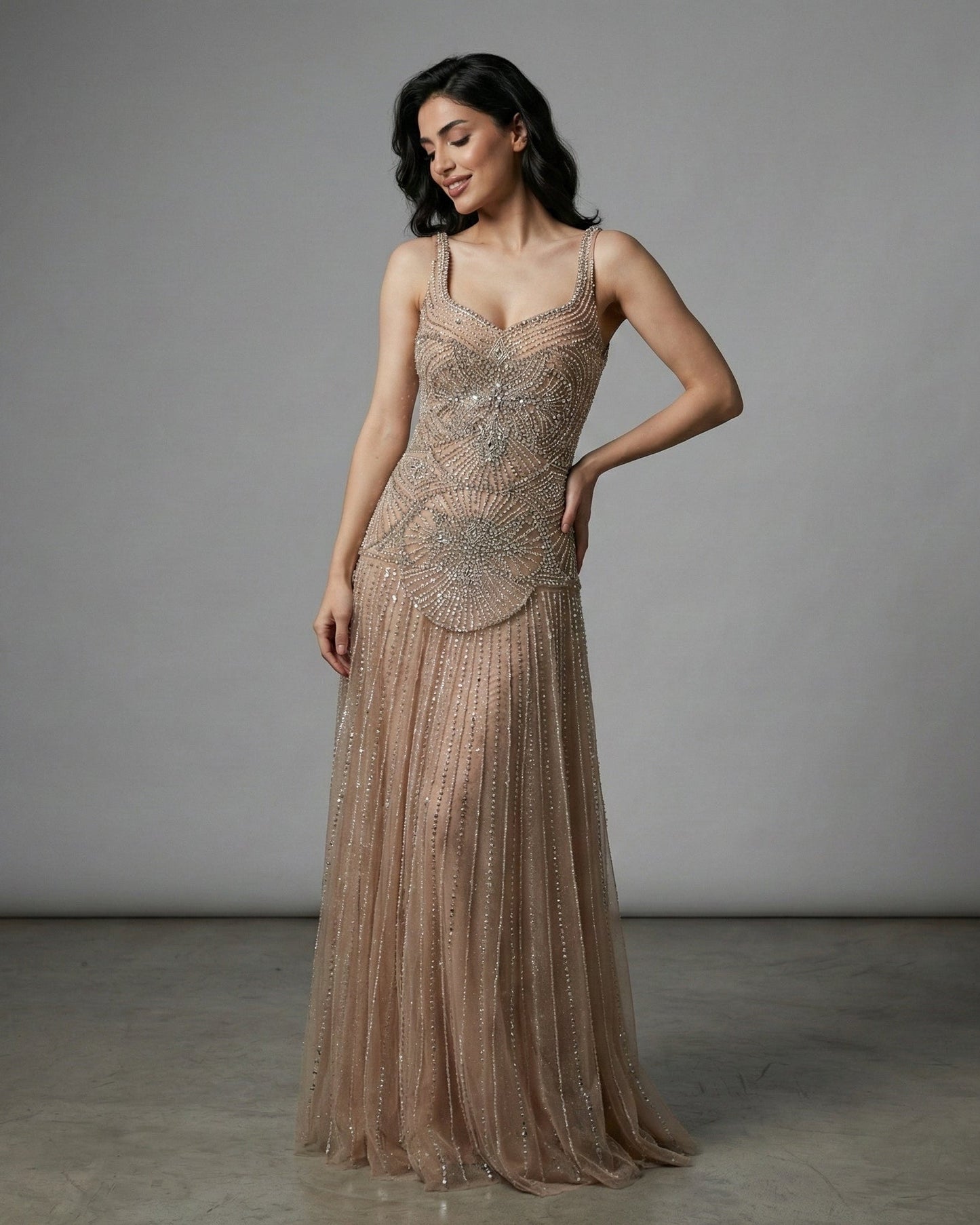 Nude Handcrafted Beaded Spaghetti Strap A-Line Evening Dress LA73189C