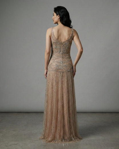 Nude Handcrafted Beaded Spaghetti Strap A-Line Evening Dress LA73189C