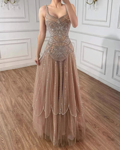 Nude Handcrafted Beaded Spaghetti Strap A-Line Evening Dress LA73189C