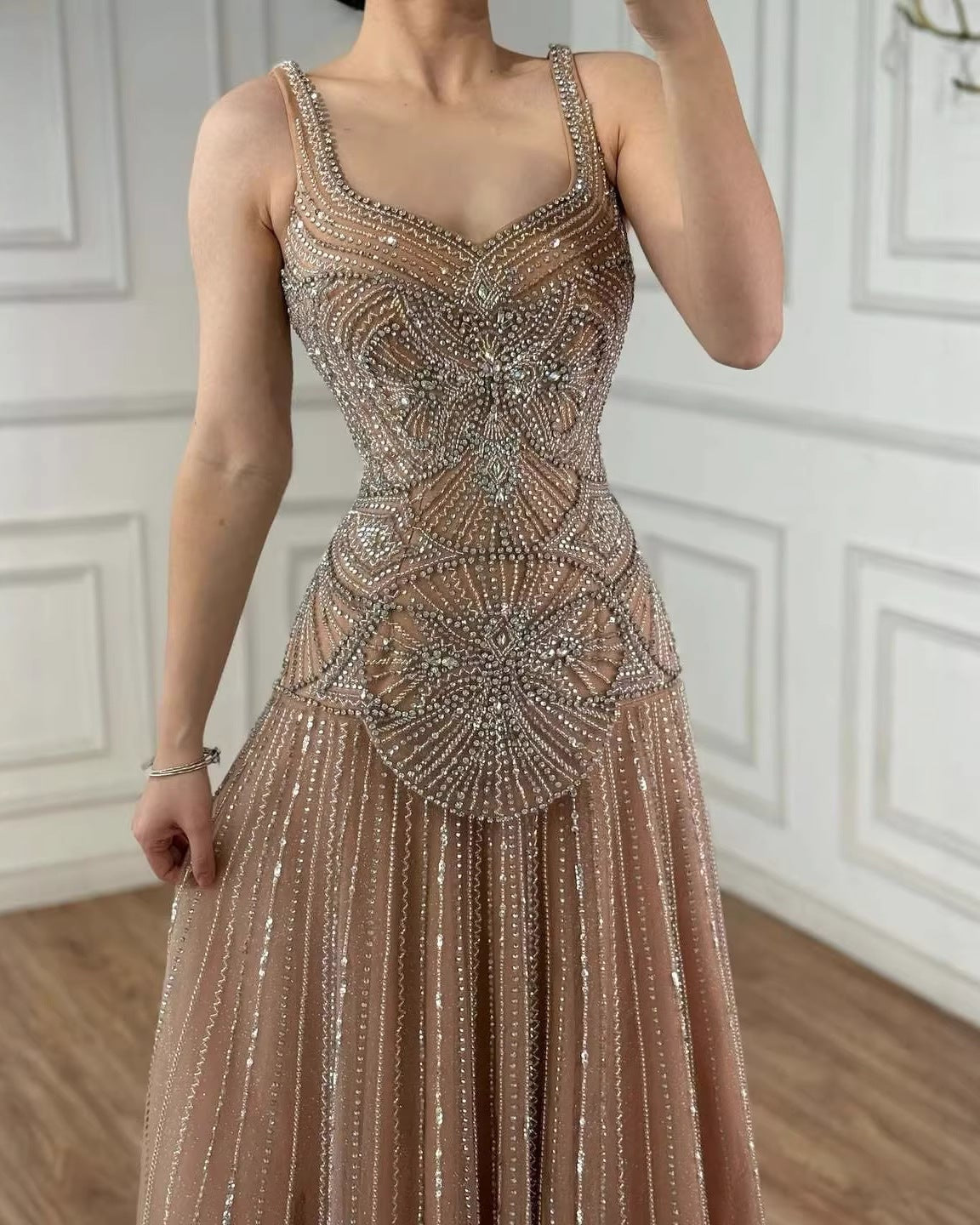 Nude Handcrafted Beaded Spaghetti Strap A-Line Evening Dress LA73189C