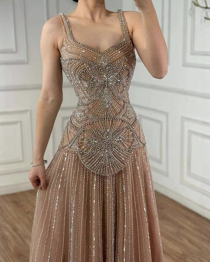 Nude Handcrafted Beaded Spaghetti Strap A-Line Evening Dress LA73189C