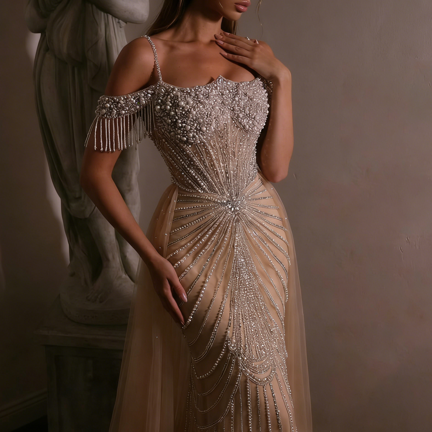 Nude Pearls Heavy Beaded Mermaid Evening Dress with Tulle Train LA73148B