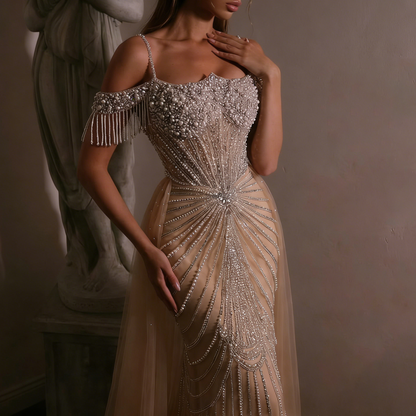 Nude Pearls Heavy Beaded Mermaid Evening Dress with Tulle Train LA73148B