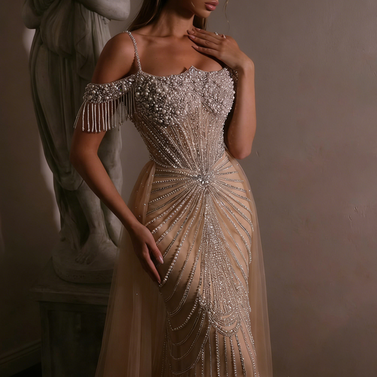 Nude Pearls Heavy Beaded Mermaid Evening Dress with Tulle Train LA73148B