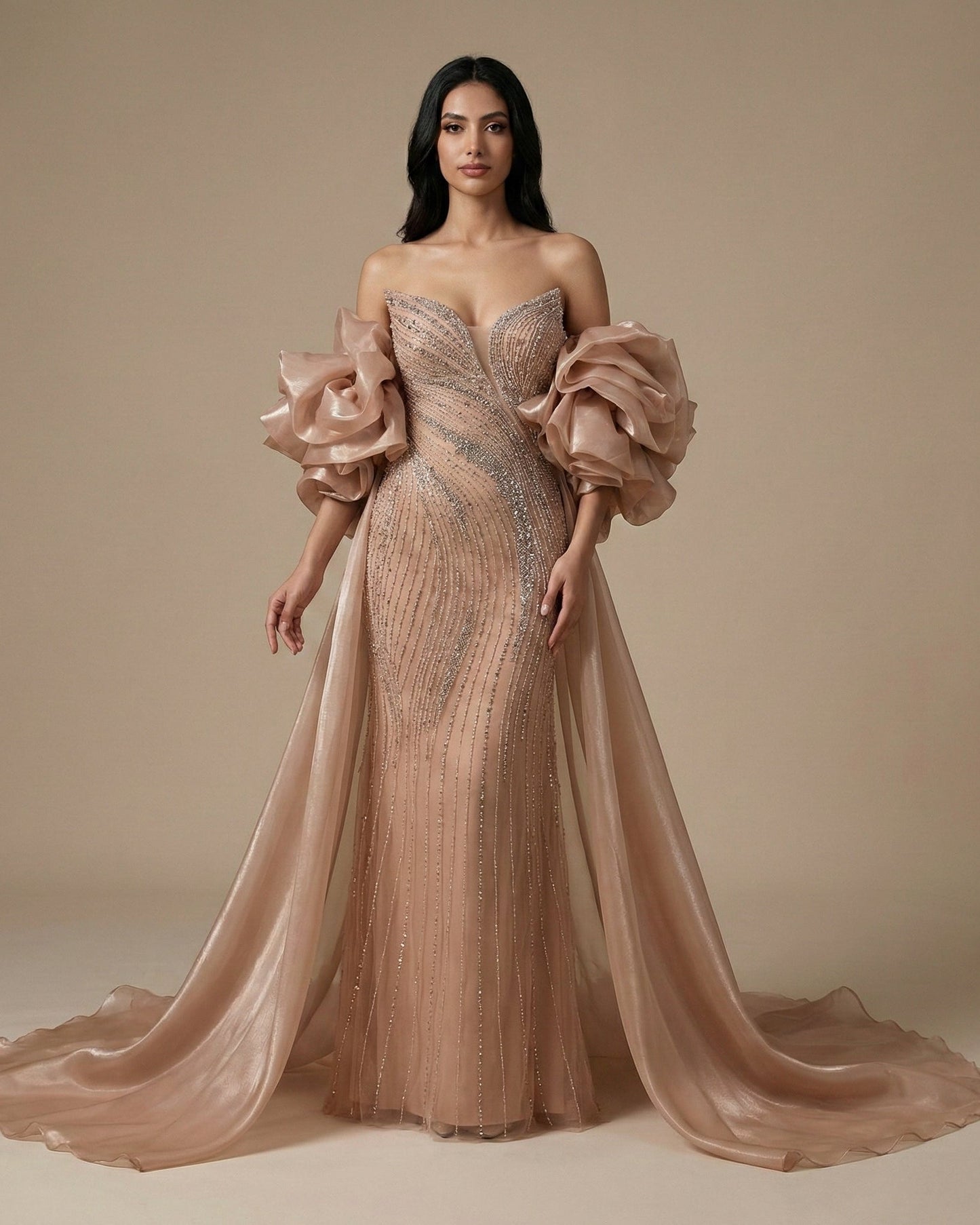 Nude Strapless Beaded Mermaid Evening Dress with Puffy Sleeve Over Skirt for Pageant LA72896