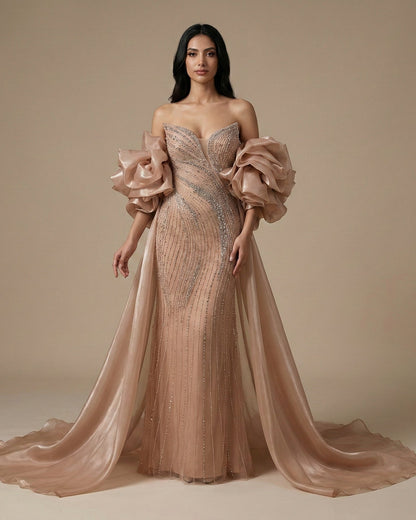 Nude Strapless Beaded Mermaid Evening Dress with Puffy Sleeve Over Skirt for Pageant LA72896