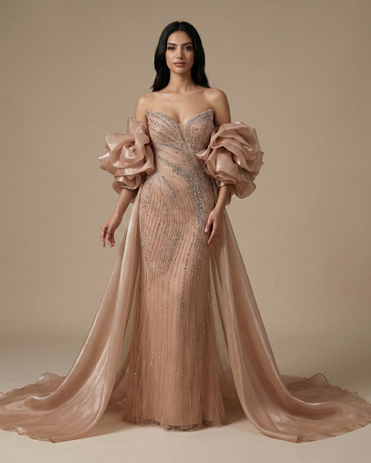 Nude Strapless Beaded Mermaid Evening Dress with Puffy Sleeve Over Skirt for Pageant MN72896