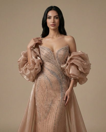 Nude Strapless Beaded Mermaid Evening Dress with Puffy Sleeve Over Skirt for Pageant LA72896