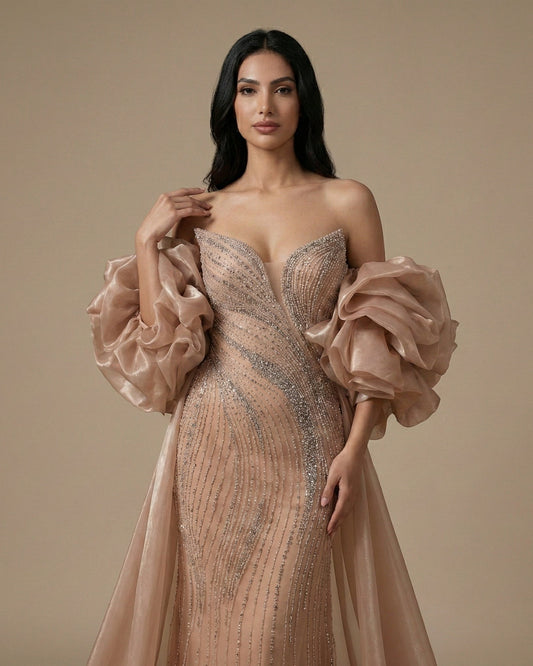 Nude Strapless Beaded Mermaid Evening Dress with Puffy Sleeve Over Skirt for Pageant MN72896