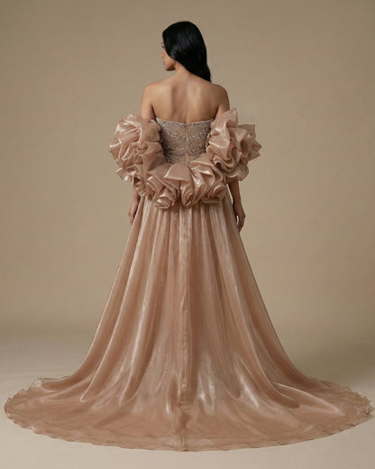 Nude Strapless Beaded Mermaid Evening Dress with Puffy Sleeve Over Skirt for Pageant LA72896