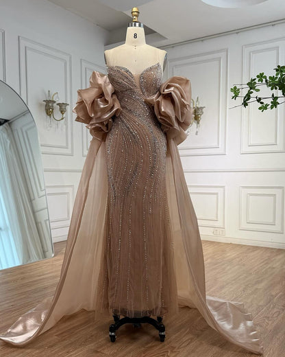 Nude Strapless Beaded Mermaid Evening Dress with Puffy Sleeve Over Skirt for Pageant LA72896