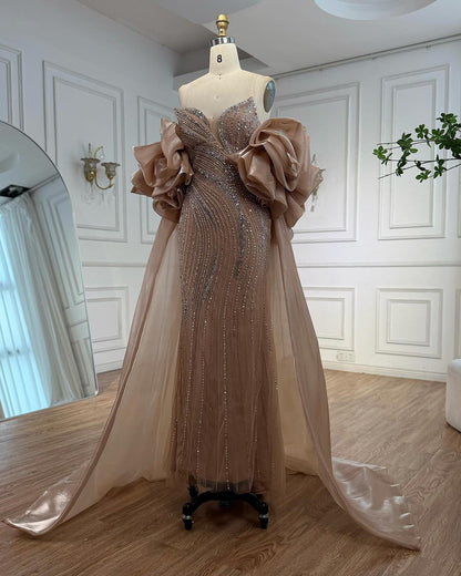 Nude Strapless Beaded Mermaid Evening Dress with Puffy Sleeve Over Skirt for Pageant LA72896