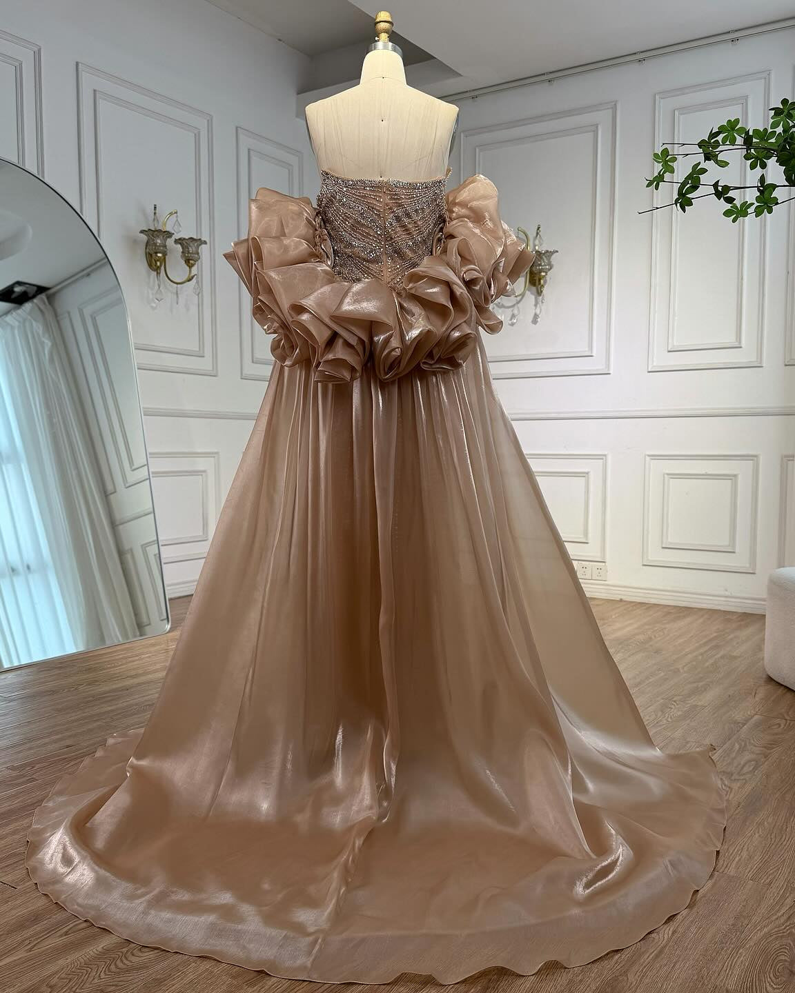 Nude Strapless Beaded Mermaid Evening Dress with Puffy Sleeve Over Skirt for Pageant LA72896