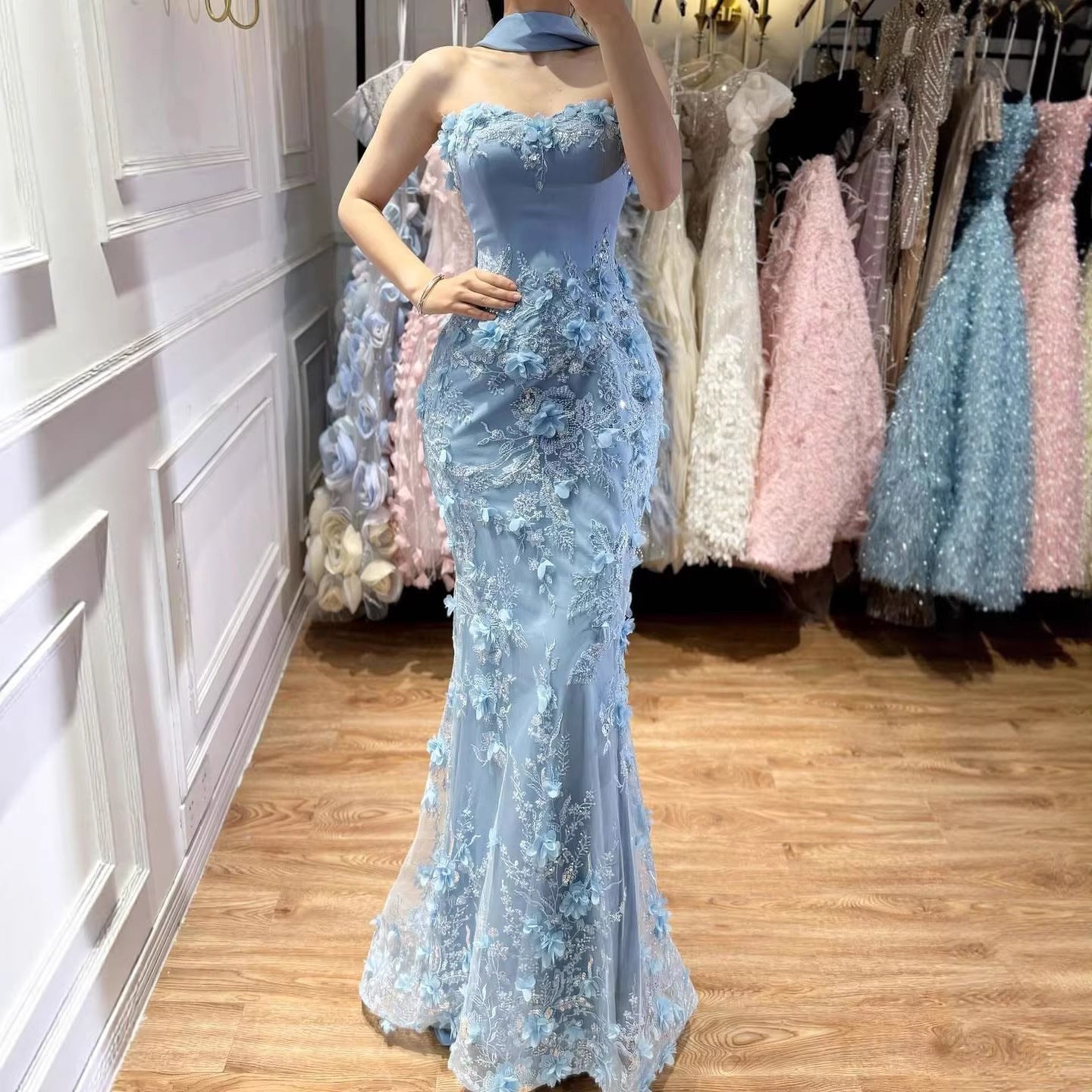 Blue Applique Beaded Sweetheart Mermaid Prom Dress with Scarf LA73593