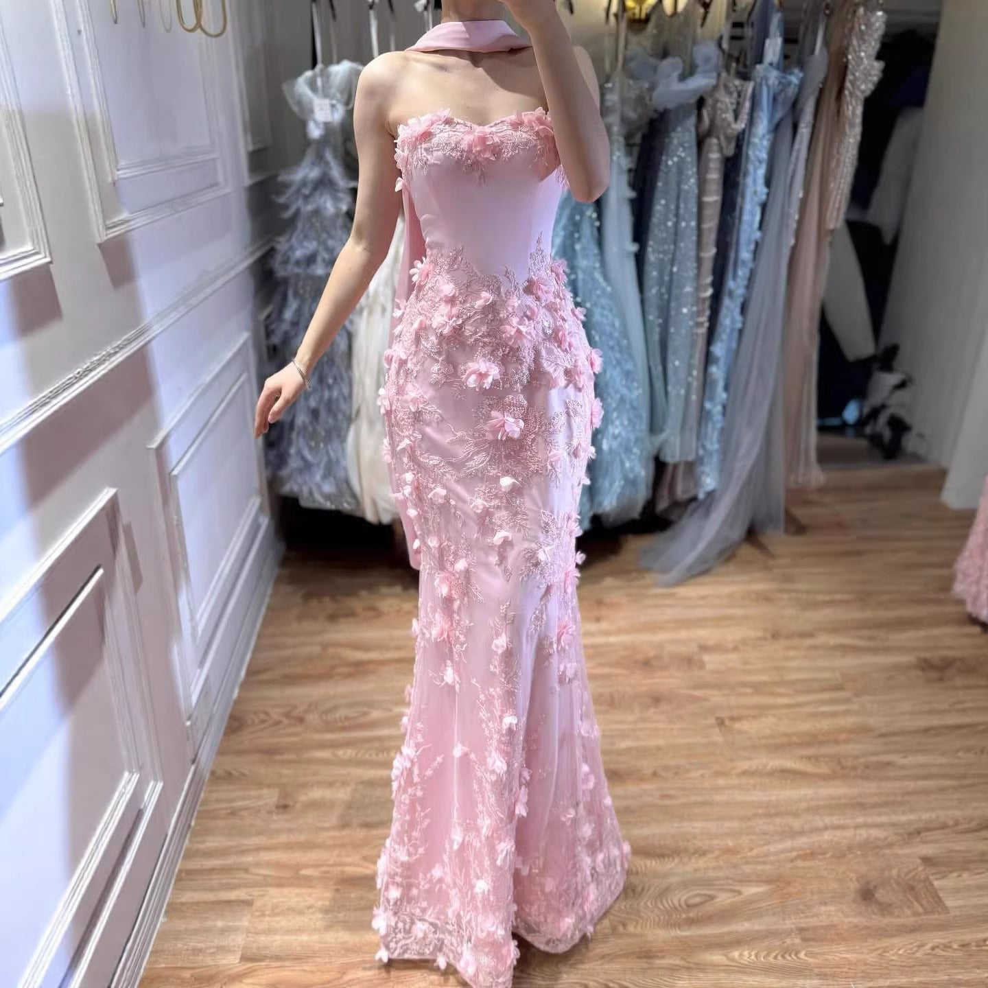 Blue Applique Beaded Sweetheart Mermaid Prom Dress with Scarf LA73593