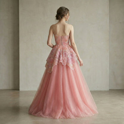 Peach Floral Appliqué A-Line Sparkly Evening Dress for Prom Party LA73185