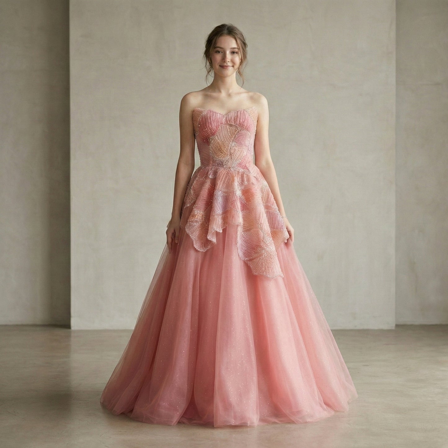 Peach PINK Floral Appliqué A-Line Sparkly Evening Gown Prom Dress