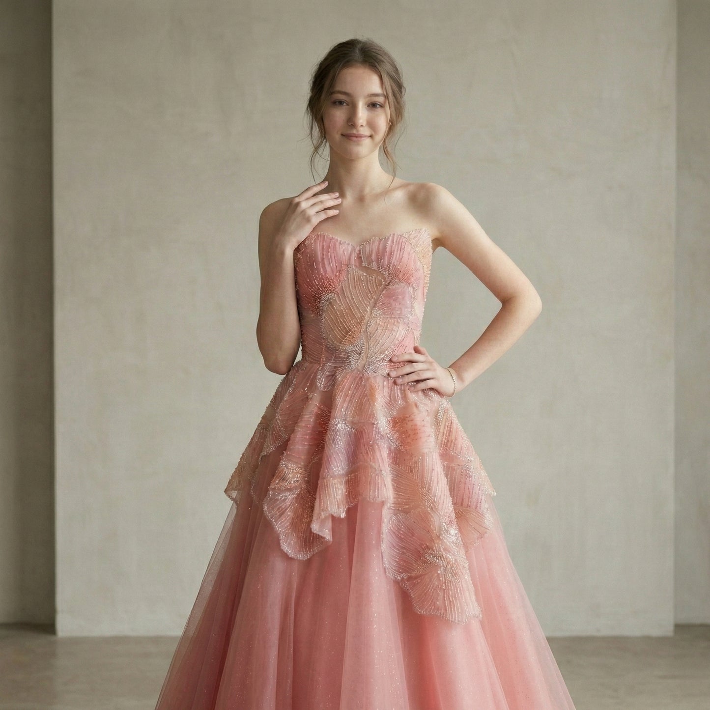 Peach PINK Floral Appliqué A-Line Sparkly Evening Gown Prom Dress