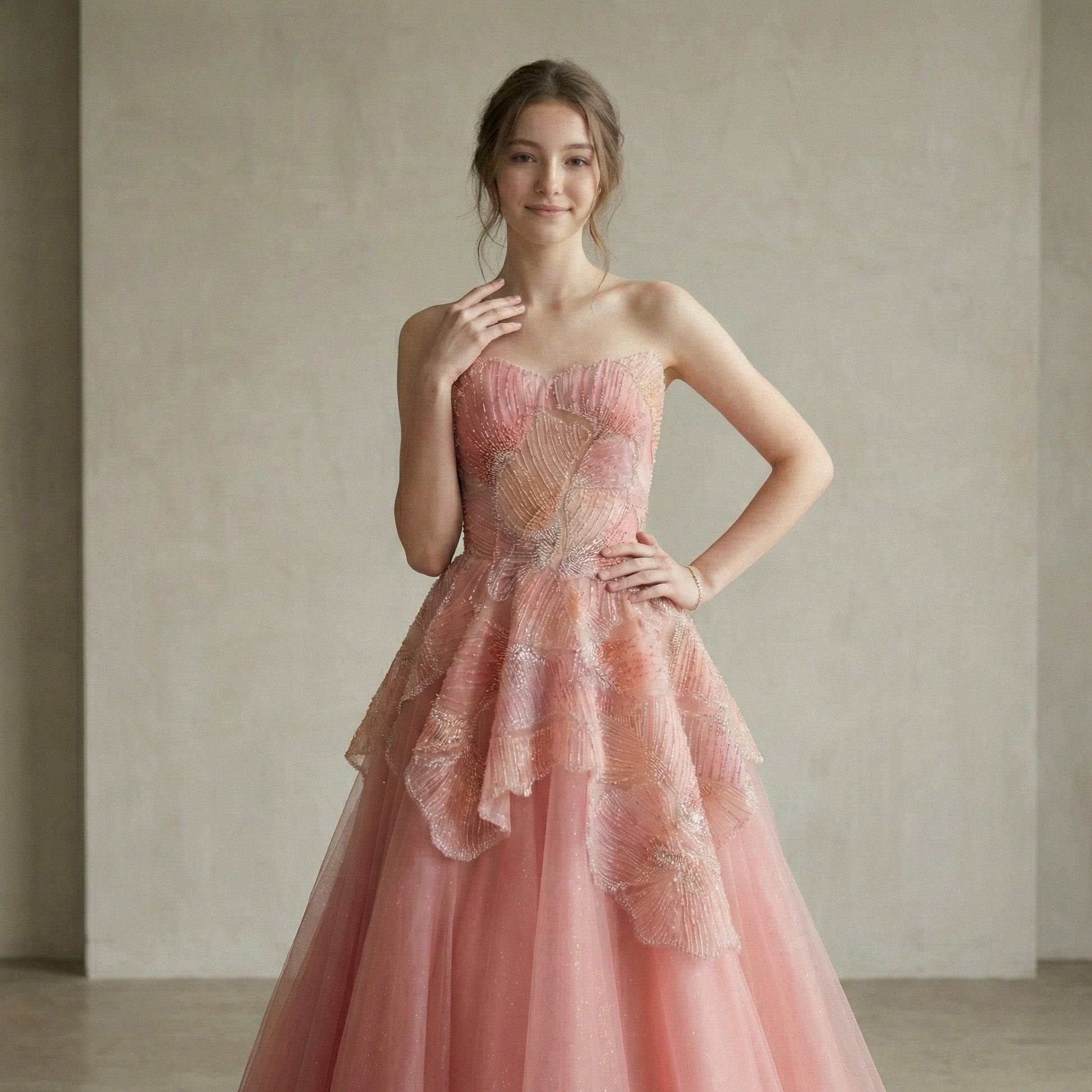 Peach PINK Floral Appliqué A-Line Sparkly Evening Gown Prom Dress