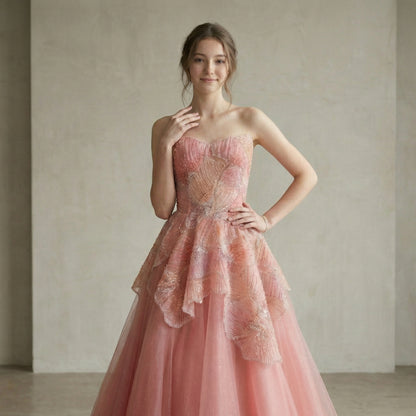Peach PINK Floral Appliqué A-Line Sparkly Evening Gown Prom Dress