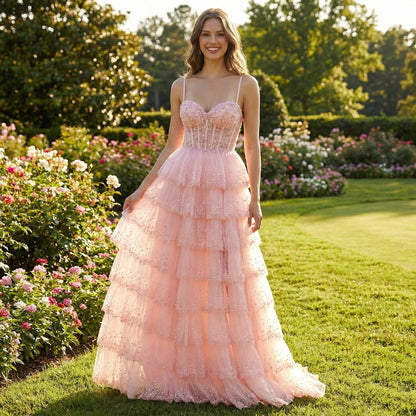 Peach Spaghetti Straps Beaded Flowy Prom Dress LA73619