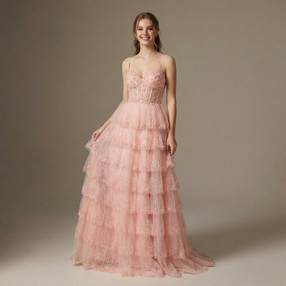 Peach Spaghetti Straps Beaded Flowy Prom Dress LA73619