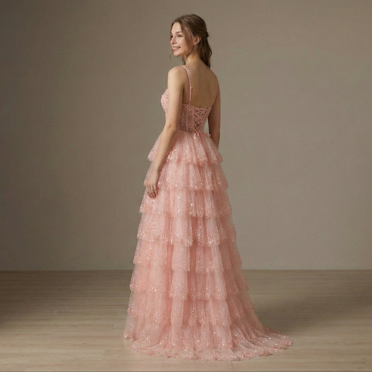 Peach Spaghetti Straps Beaded Flowy Prom Dress LA73619