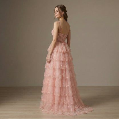 Peach Spaghetti Straps Beaded Flowy Prom Dress LA73619