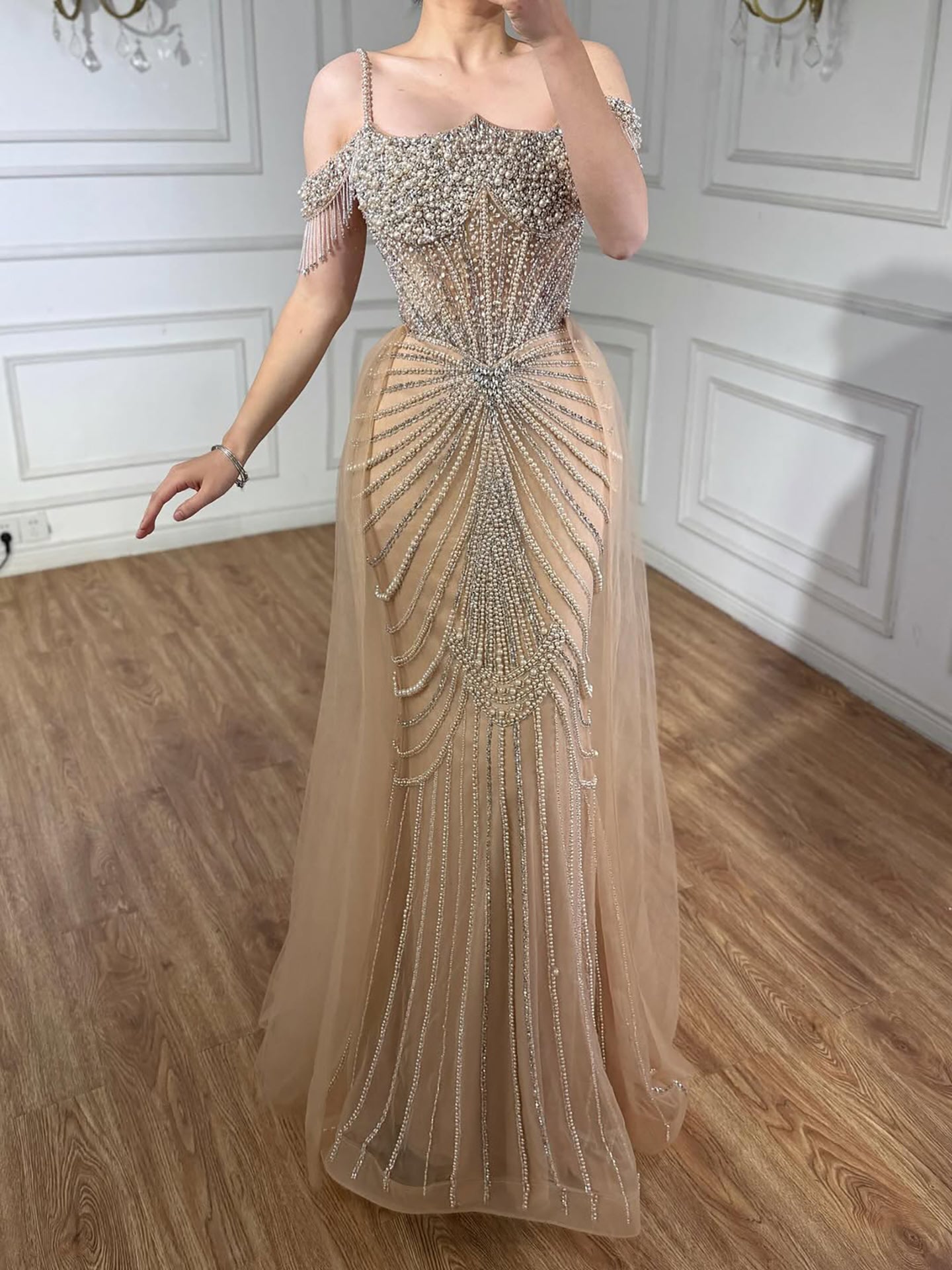 Nude Pearls Heavy Beaded Mermaid Evening Dress with Tulle Train LA73148B