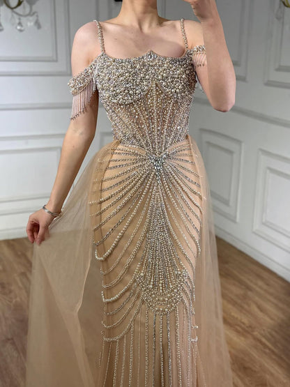 Nude Pearls Heavy Beaded Mermaid Evening Dress with Tulle Train LA73148B