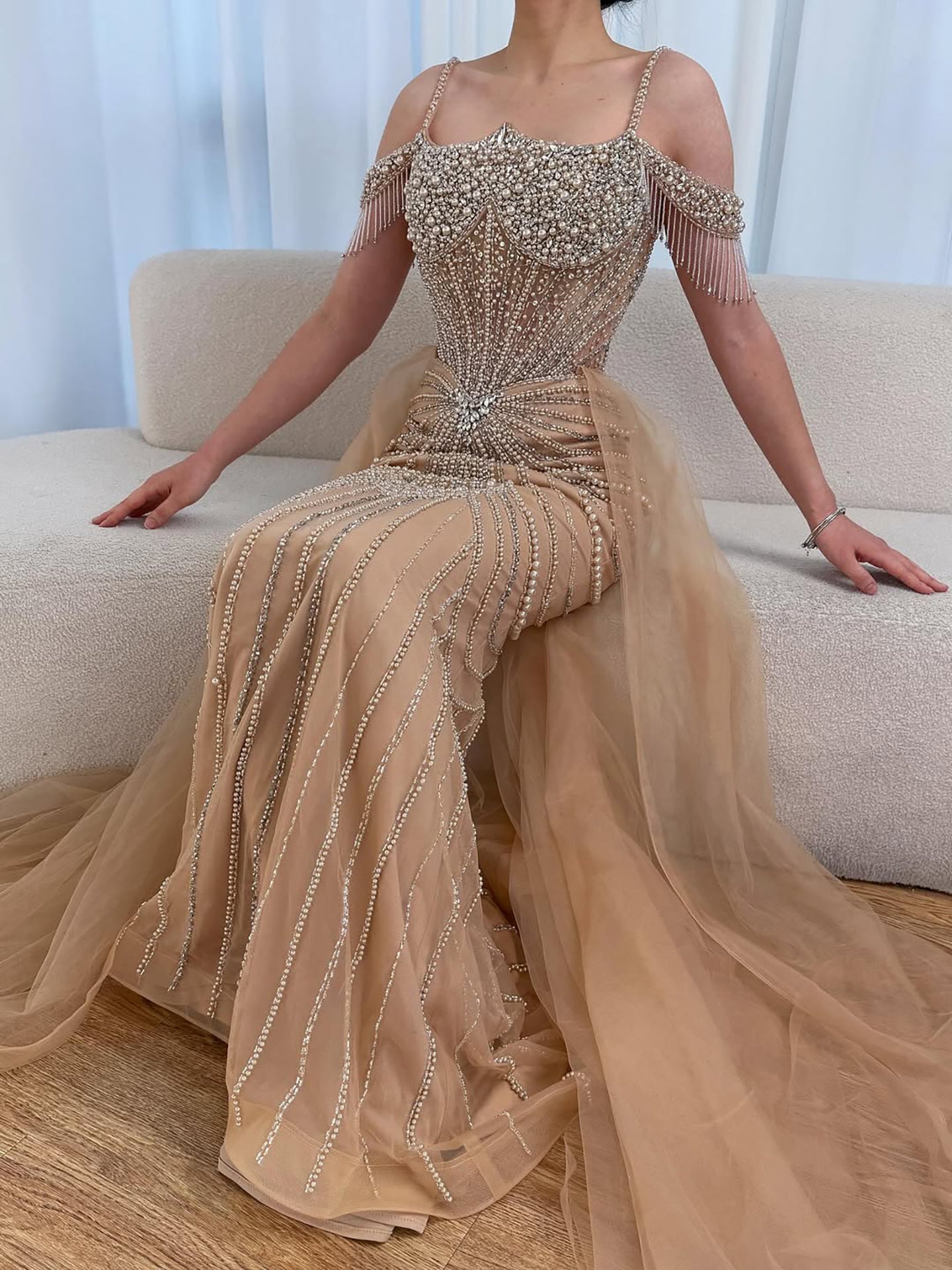 Nude Pearls Heavy Beaded Mermaid Evening Dress with Tulle Train LA73148B