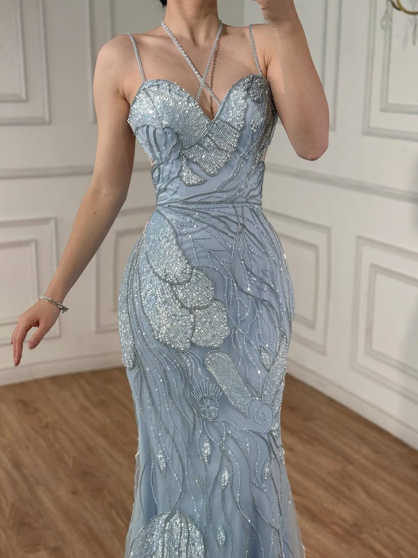 Pink Beaded Mermaid Evening Dress with Cut-Out LA72492